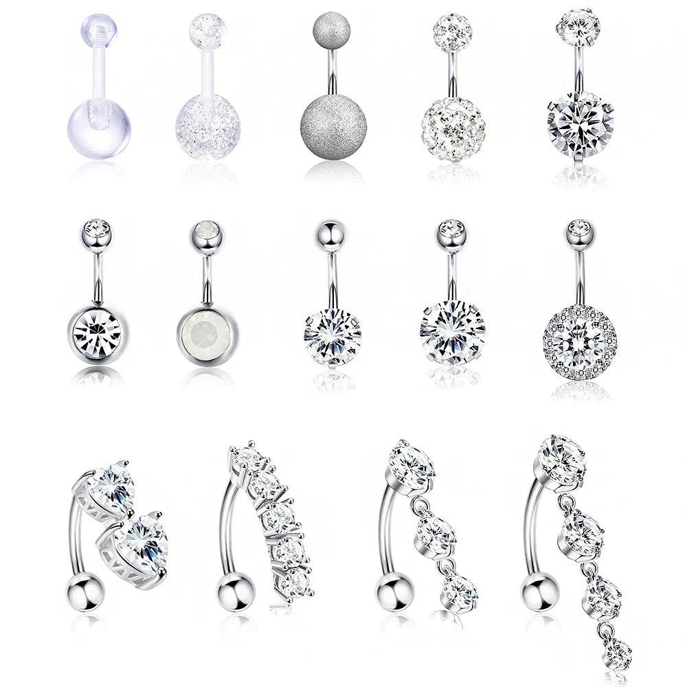 Classic Style Belly Button Rings for Women Girls Reverse Navel Rings Curved Steel Barbell CZ Body Piercings Jewelry Ear 1.6*10mm