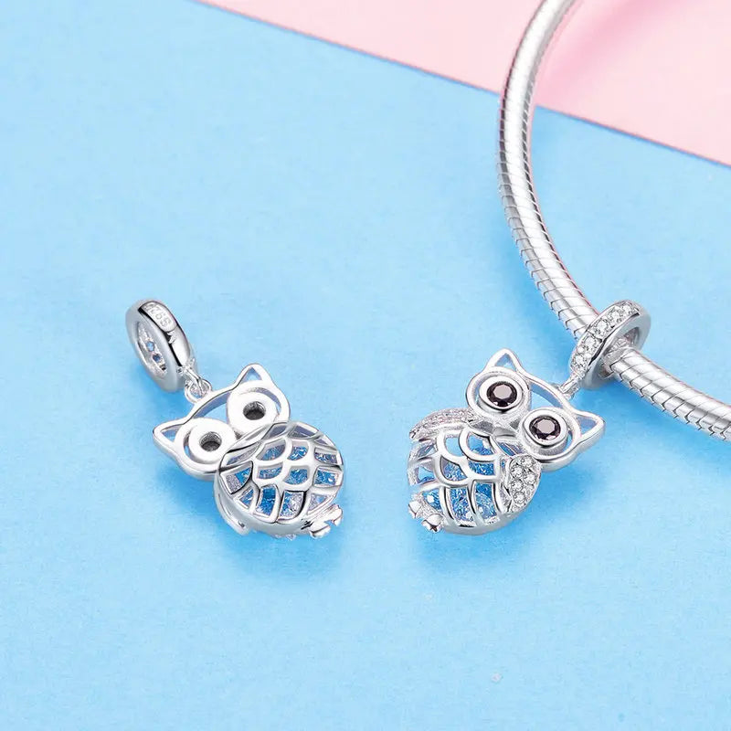 BISAER 925 Sterling Silver Vintage Blue Series Charm Fox Owl Beads Colgantes de plumas Compatible con pulseras originales Joyería fina DIY