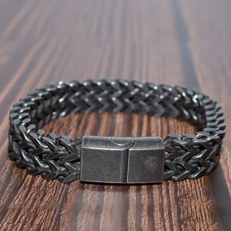 Men's Vintage Black Double Layer Stainless Steel Punk Wristband Chain Bracelets Domineering Rock Party Biker Jewelry