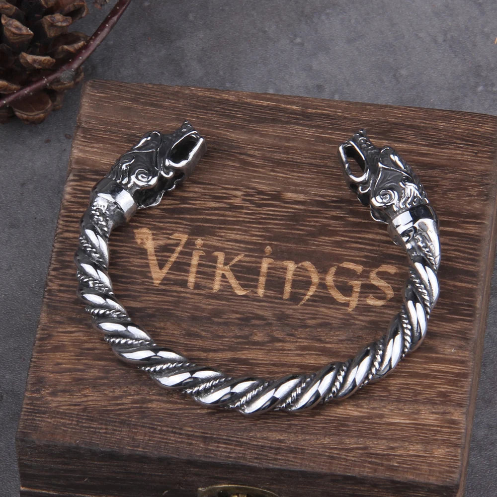 Bracelet en acier inoxydable avec dragon nordique Viking réglable pour homme avec boîte en bois Viking