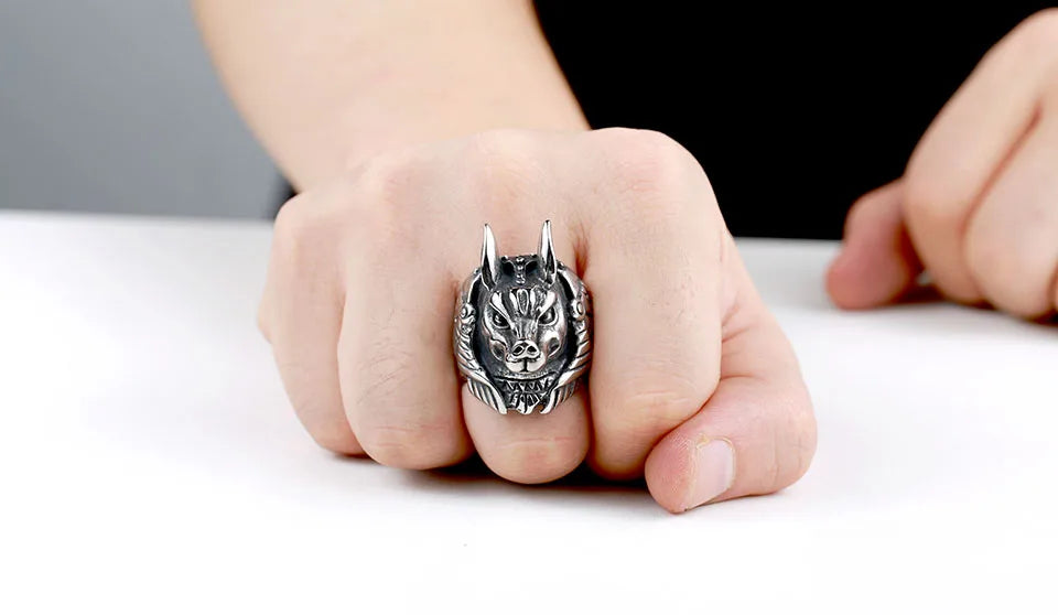 Bague vintage en acier inoxydable avec tête de loup et dieu égyptien Anubis