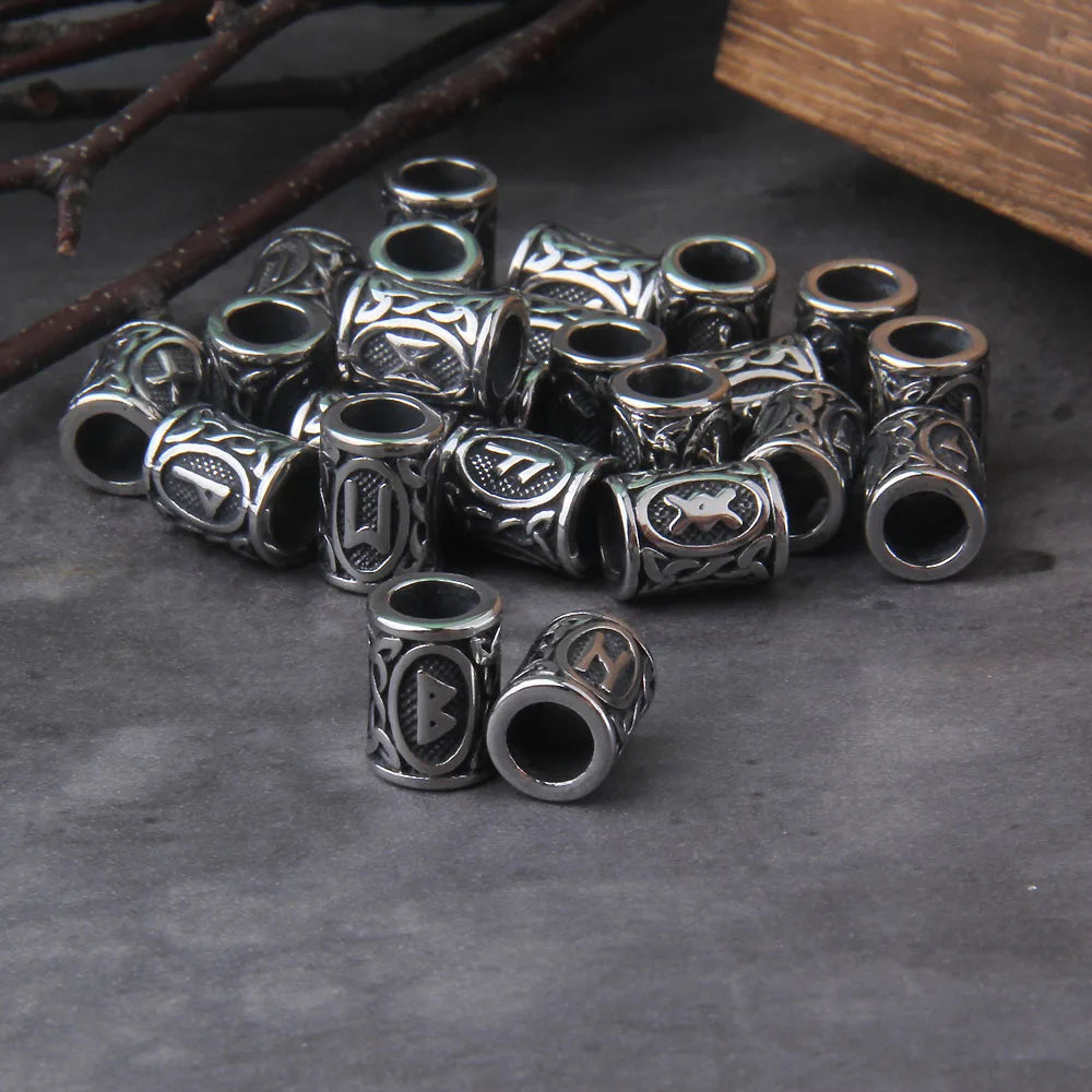 Lot de 24 perles runiques vikings en acier inoxydable avec breloques TIWAZ TYR Sol rune Odal Futhark Rune pour cheveux et barbe avec boîte en bois