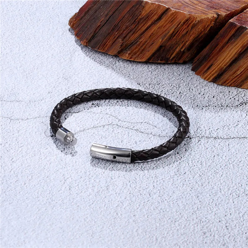 MKENDN New Men Braided Leather Bracelet Simple Black Stainless Steel Button Neutral Accessories Magnetic Clasp Fashion Bangles