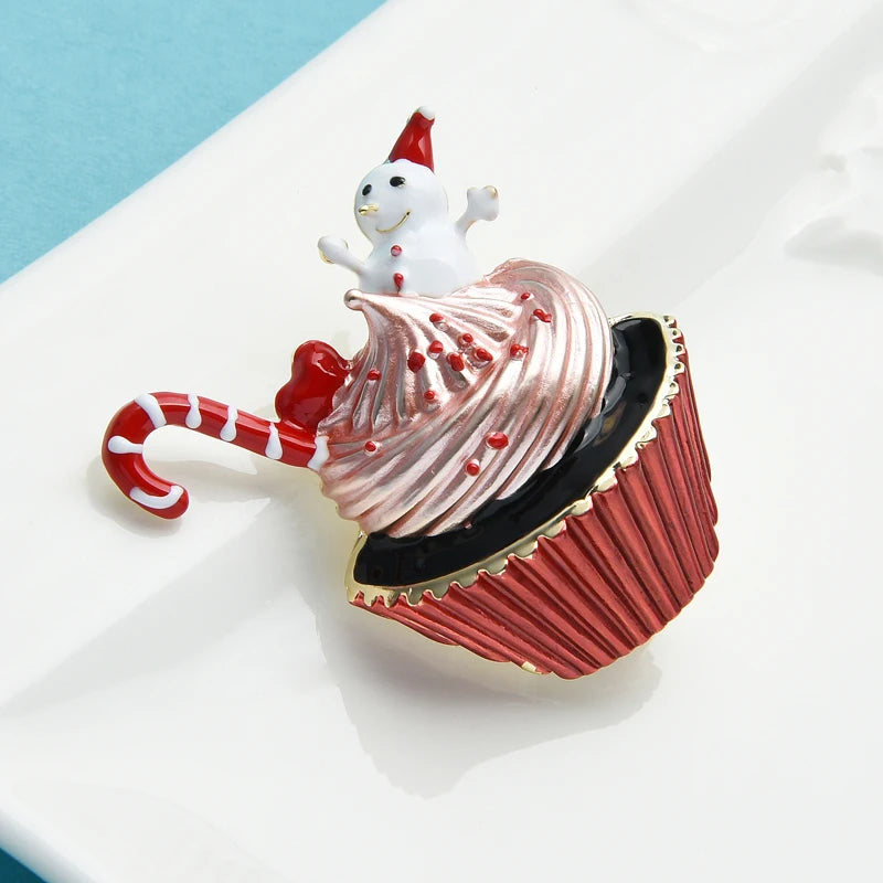 Wuli&baby Christmas Cup Cake Brooches New Year Enamel Snowman Dessert Brooch Pins Gifts