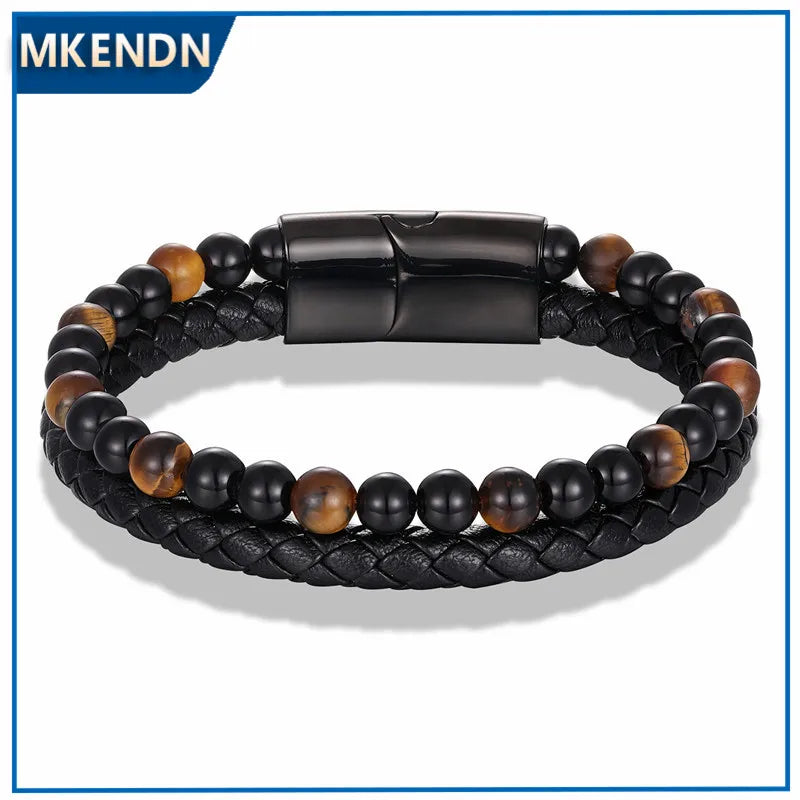 MKENDN New 6MM Tiger Eyes Stone Bracelets Handmade Woven Multilayer Leather Bracelets Magnetic Buckle Bangle Male Jewelry