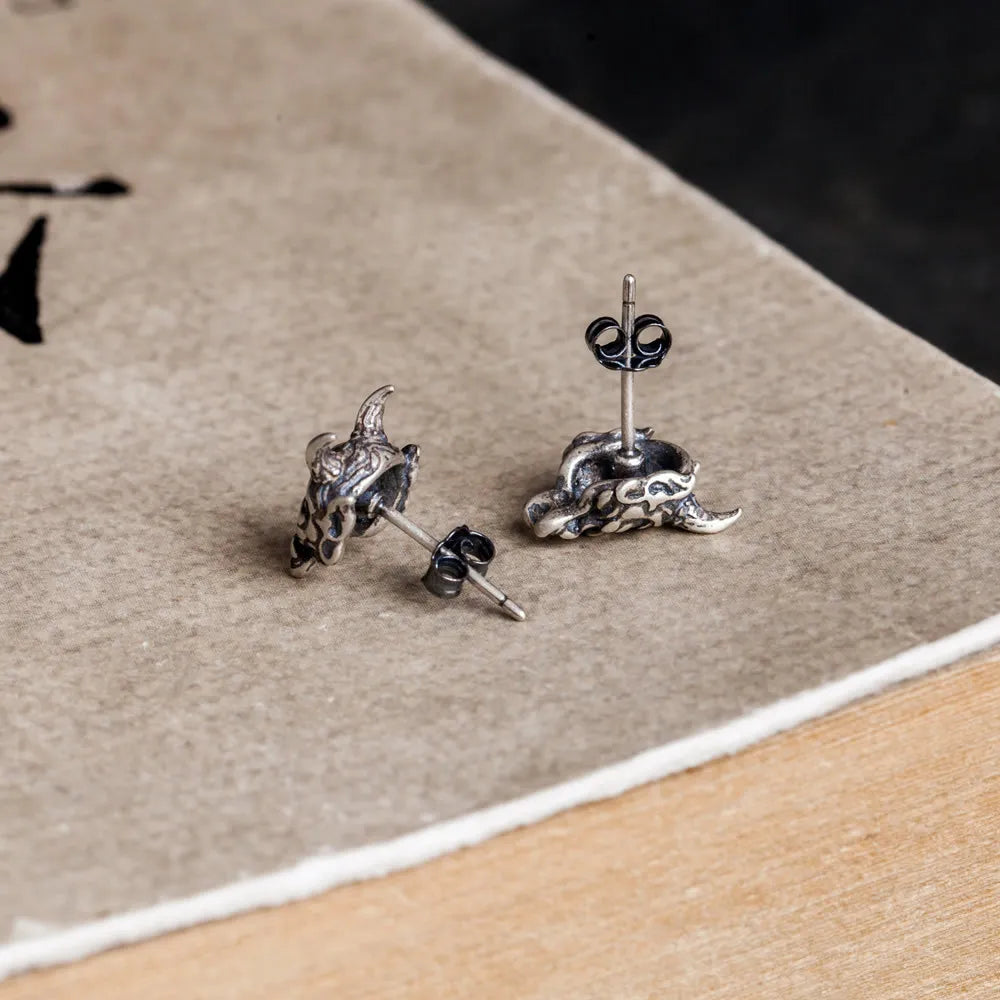 MKENDN Vintage Real 925 Sterling Silver Skeleton Prajna Stud Earrings For Men and Women Gothic Street Pop Hip Hop Ear Jewelry