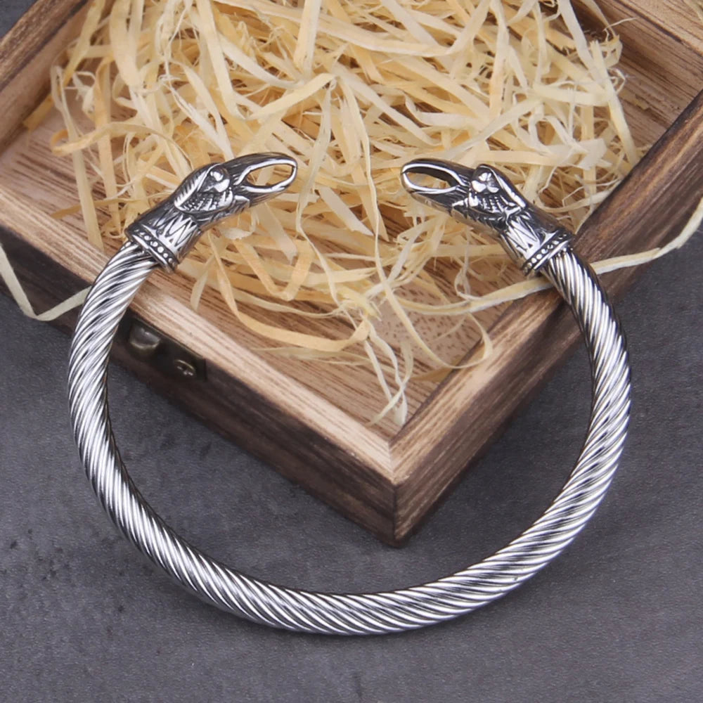 Bracelet en acier inoxydable pour homme avec corbeau nordique viking et boîte en bois viking