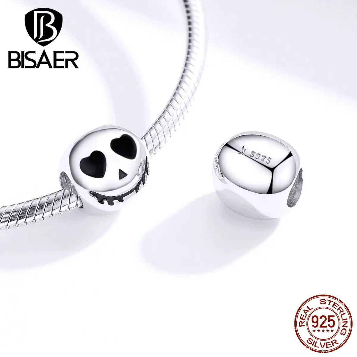 BISAER 925 Sterling Silver Rock Skull Pendant Ghost Face Charm Bead Fit Bracelets & Necklace Halloween Party DIY Fine Jewelry