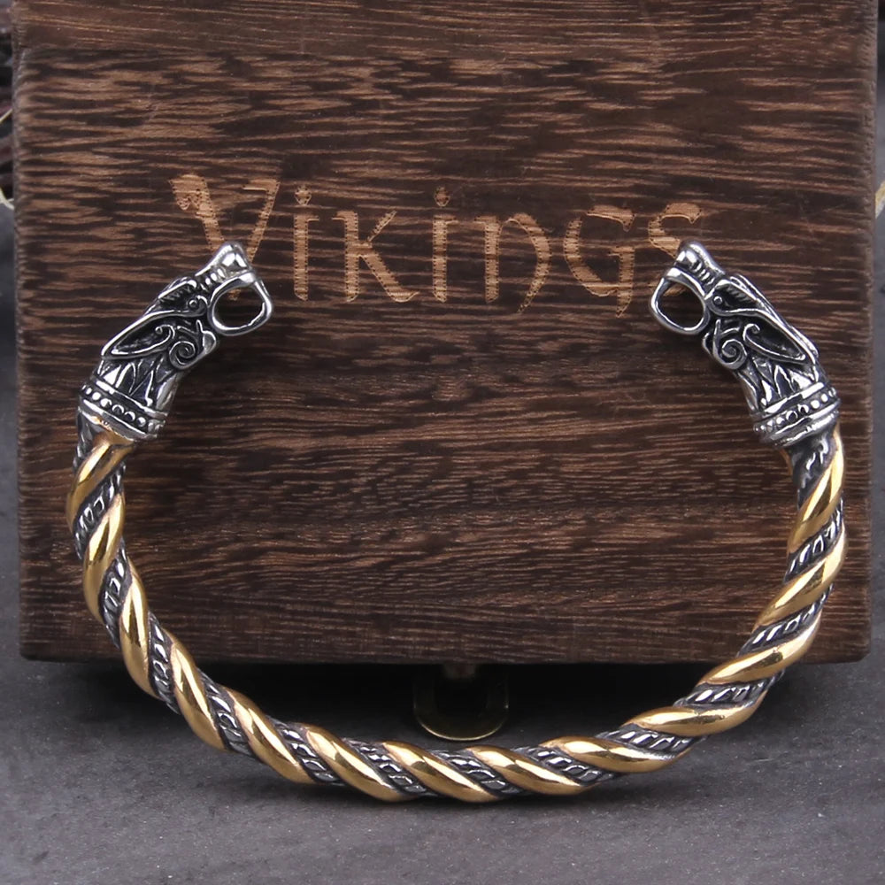 Nordisches Wikingerarmband mit nordischem Drachen aus Edelstahl für Herren, Manschettenarmbänder mit Wikinger-Holzbox