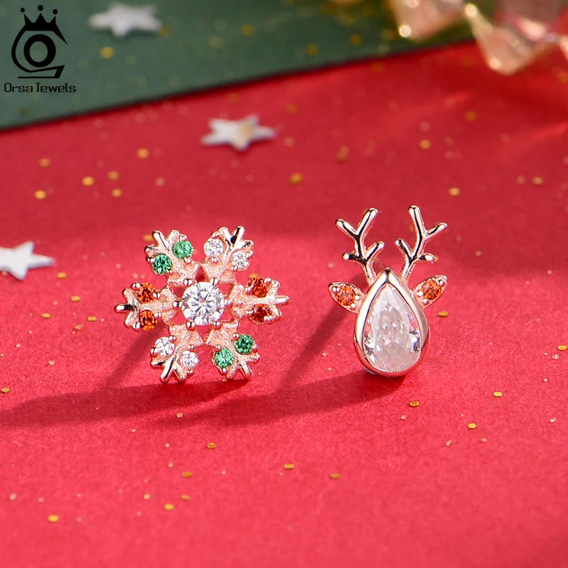 ORSA JEWELS Cute Xmas 925 Sterling Silver stud earrings for Women Girls Snowman Christmas Tree Jewelry Christmas Gifts HOE06