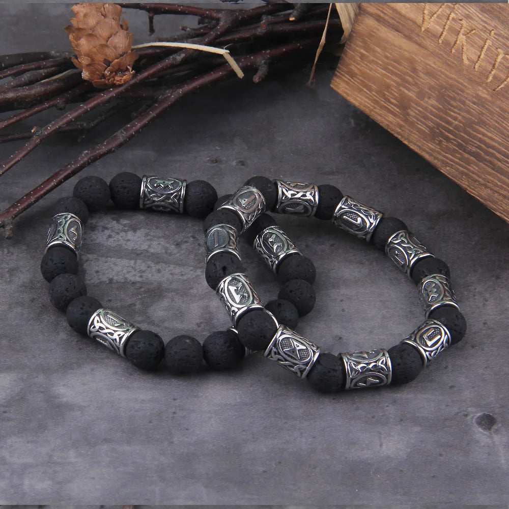 Volcano Lava Stone Beads stainless steel Runes Beads Men Bracelet Viking Rune Bracelet Fashion Charm Beads Bracelet wooden box