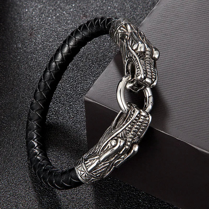 MKENDN Classic Animal Viking Double Dragon Wolf Head 316L stainless steel Men's Leather Bracelet Fashion Punk Jewelry Pulseras