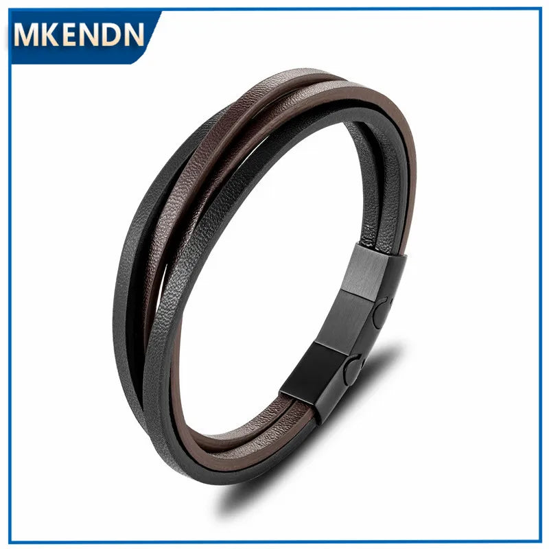 MKENDN New Fashion Leather Bracelet Black Coffee Multilayer Rope Chain Stainless Steel Magnet Men Women Jewelry Pulseras Gifts