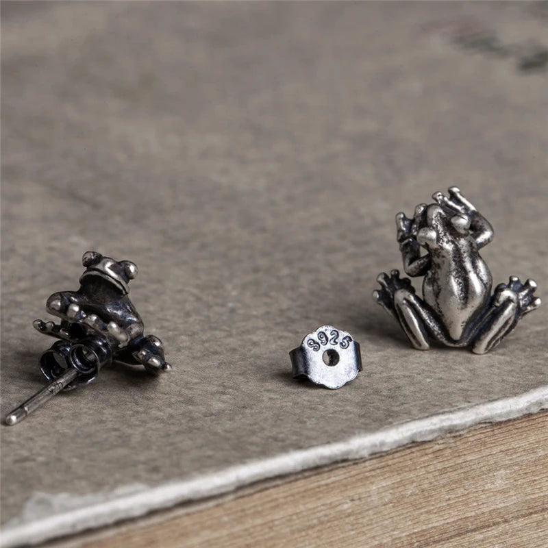 MKENDN 925 Sterling Silver Frog Earrings Retro Punk Animal Stud Earrings For Women Men Fine Jewelry Girls Female Party Gifts