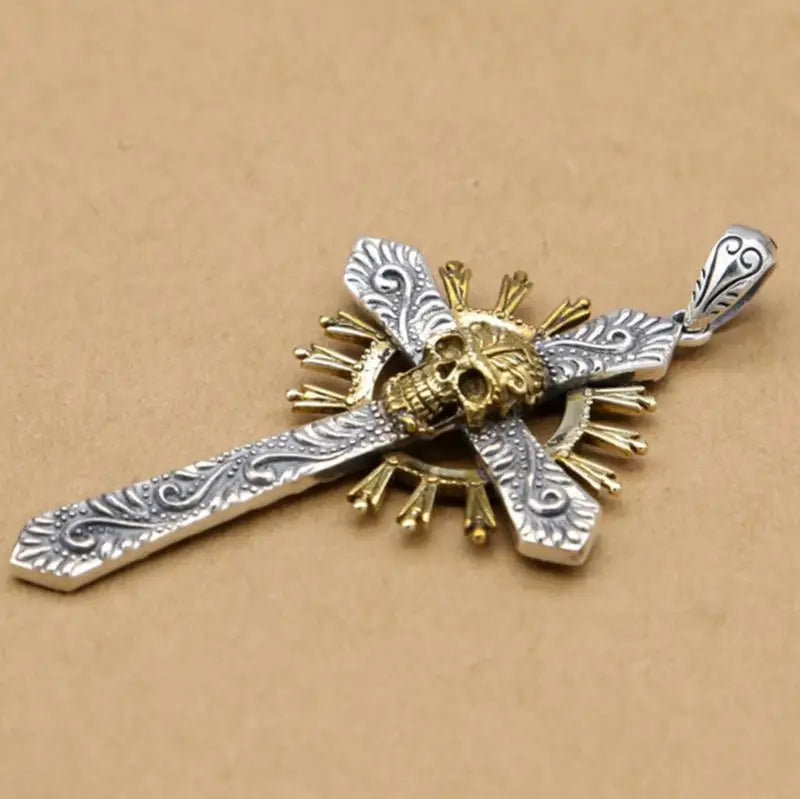 Retro Gothic Totenkopf Kreuz Anhänger Gold Farbe Halskette Herren Persönlichkeit Kreativer Schmuck Halloween Geschenk