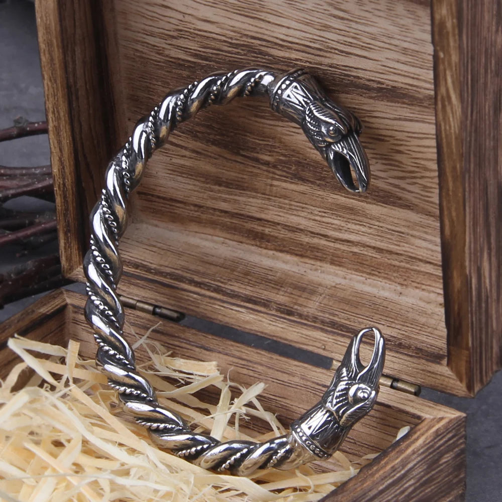 Bracelet en acier inoxydable pour homme avec corbeau nordique viking et boîte en bois viking