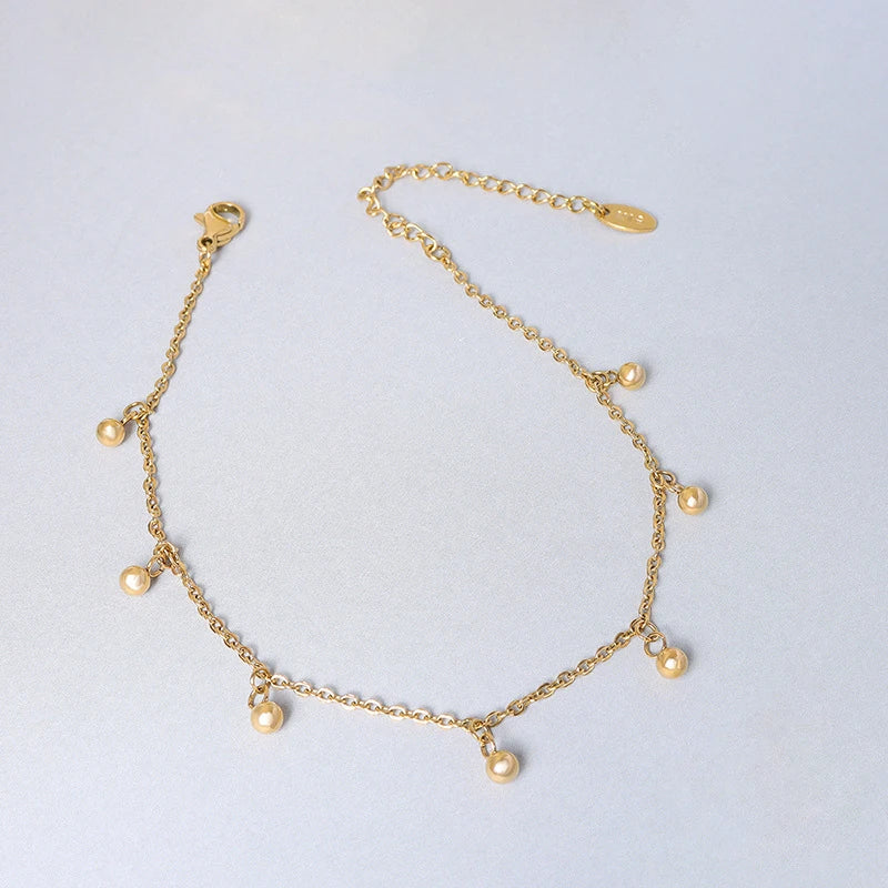 INS Simple Fashion Round Beads Charm Stainless Steel 18K Gold Plated Anklet for Women Beach Foot Waterproof Accessories