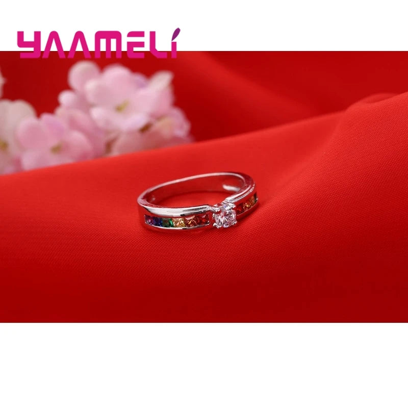 Bague en argent sterling 925 véritable à 100 % avec zircon cubique arc-en-ciel pour femme, accessoire de mariage, de fiançailles, de demande en mariage