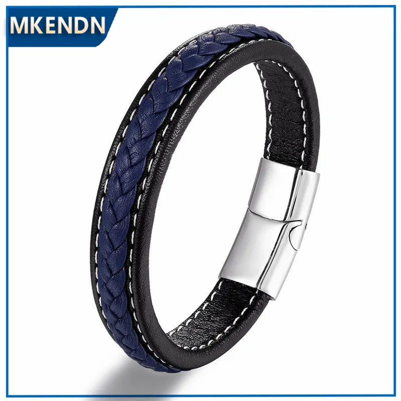 MKENDN Punk Men Jewelry Black Blue Braided Leather Bracelet Stainless Steel Magnetic Clasp Fashion Bangles Male Jewelry