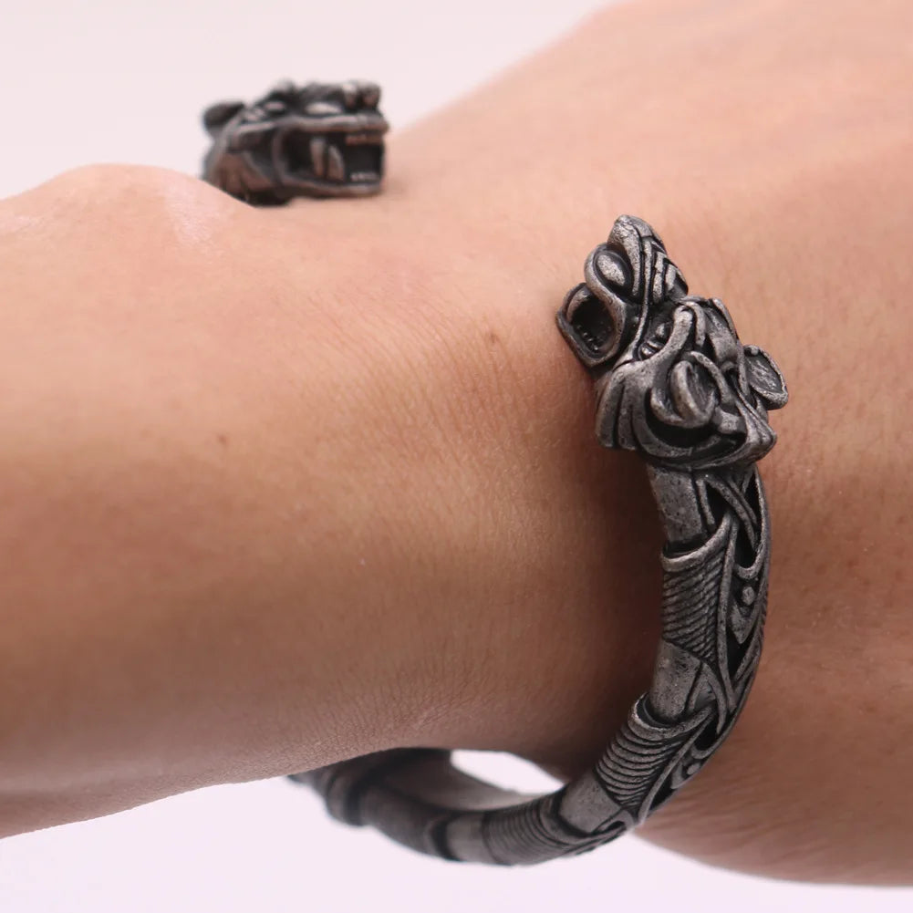 Nordisches Wikinger-Armband mit Wolfskopf, Herrenarmband, Manschettenarmbänder, Wikinger-Armband für Männer und Frauen, Talisman