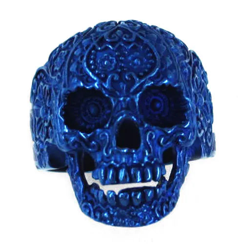 Gothic Garden Flower Skull Biker Ring Stainless Steel Jewelry Fashion Punk Blue Skull Ring For Man Wholesale SWR0228A