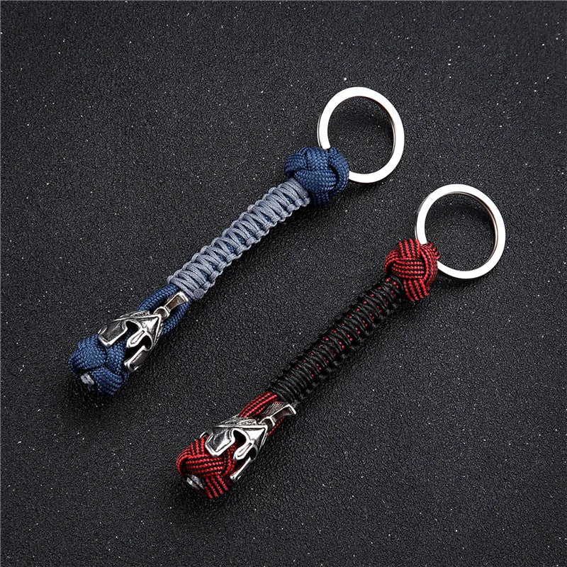 MKENDN Vintage Spartan Warrior Lanyard Metal Keychain Handmade Woven Survival Paracord Rope Keyring For Men Jewelry Accessories