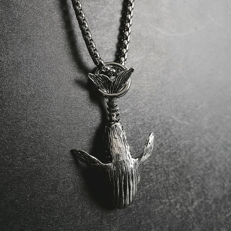 MKENDN Ocean Style Vintage Oxidized Black 52HZ Whale Pendant Necklace With Stainless Stell Link Chain For Men Women Love Jewelry