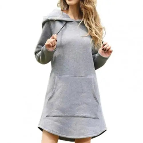 Hooded Hoodie Women Dresses 2021 Autumn Winter Solid Color Drawstring Large Pocket Irregular Hem Hooded Dress