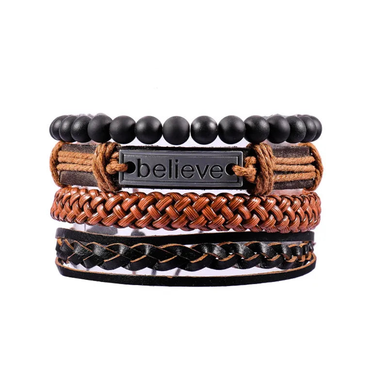 Mix 3/4Pcs/ Set Bracelets & Bangles Mens Leather Bracelets 2019 Vintage Wooden Beads Ethnic Tribal Wristbands Bracelet Evil Eye