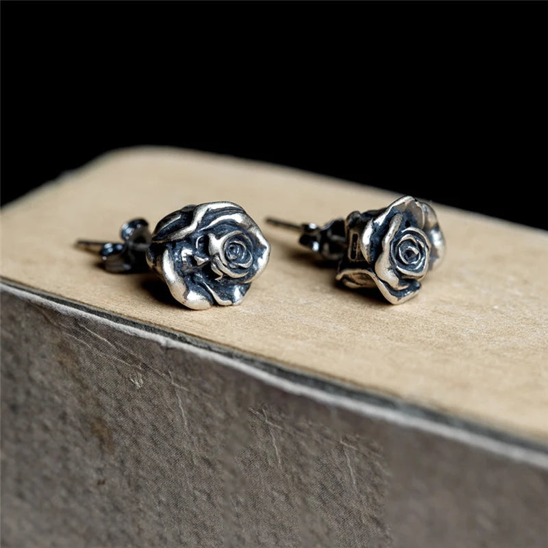 MKENDN 100% 925 Sterling Silver Retro Black Death Rose Flower Stud Earrings Trendy Street Punk Ear Fine Jewelry For Men Women