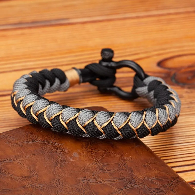 MKENDN Men Women D shape Survival Bracelet Outdoor Camping Rescue Emergency Rope Bracelet Black Stainless Steel Horseshoe Buckle