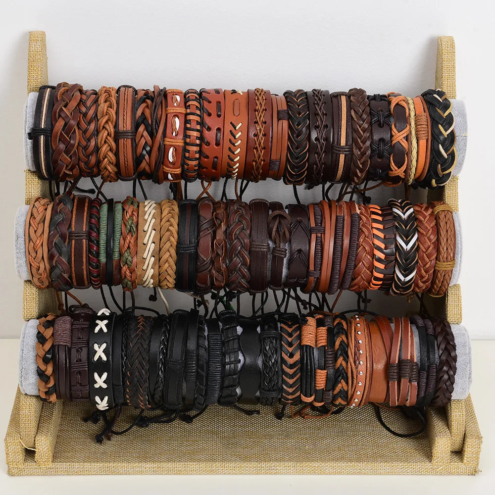 Wholesale Bulk 36PCS/Lot Leather Cuff Bracelets For Men's Women's Jewelry Party Gifts Mix Styles Size Adjustable