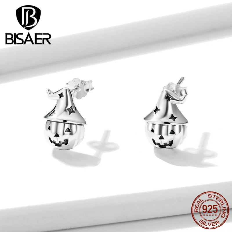 BISAER New 925 Sterling Silver Silver Halloween Pumpkin Stud Earrings For Women Girl Cute Original Trendy Jewelry Making EFE537