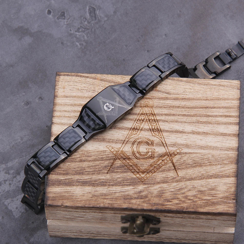 Masonic Black Magnetic Bracelet Men Stainless Steel Hand Chain ID Bracelets Carbon Fiber Magnetic Health Energy Bracelet for Men