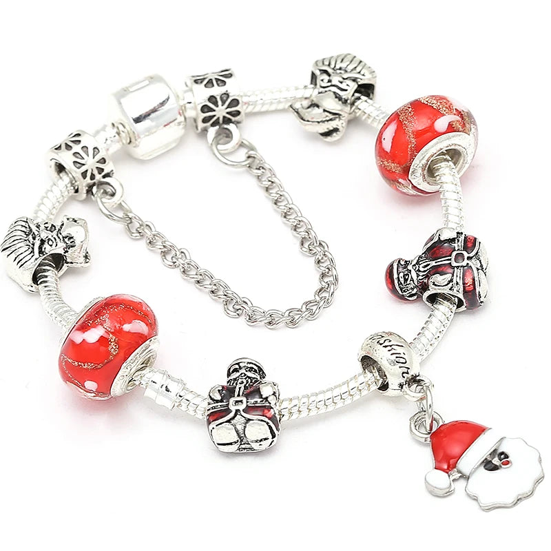 Christmas Tree & Bell Pendant Charm Bracelet Silver Color Bracelet For Women Kids DIY Handmade Xmas Jewelry Gift