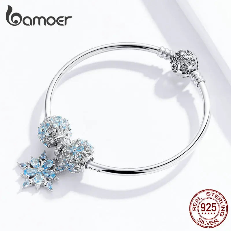 Bamoer Véritable Bracelet en Argent Sterling 925 avec Flocon de Neige d'Hiver Princesse pour Femmes Bracelet à Breloques Bijoux Européens de Luxe SCB833