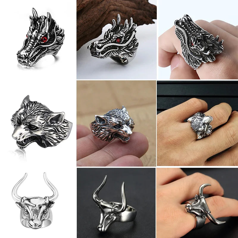 Personality Animal Dragon Elephant Lion Tiger Wolf Rings for Men Stainless Steel Cool Biker Ring Fashion Jewelry Accessories