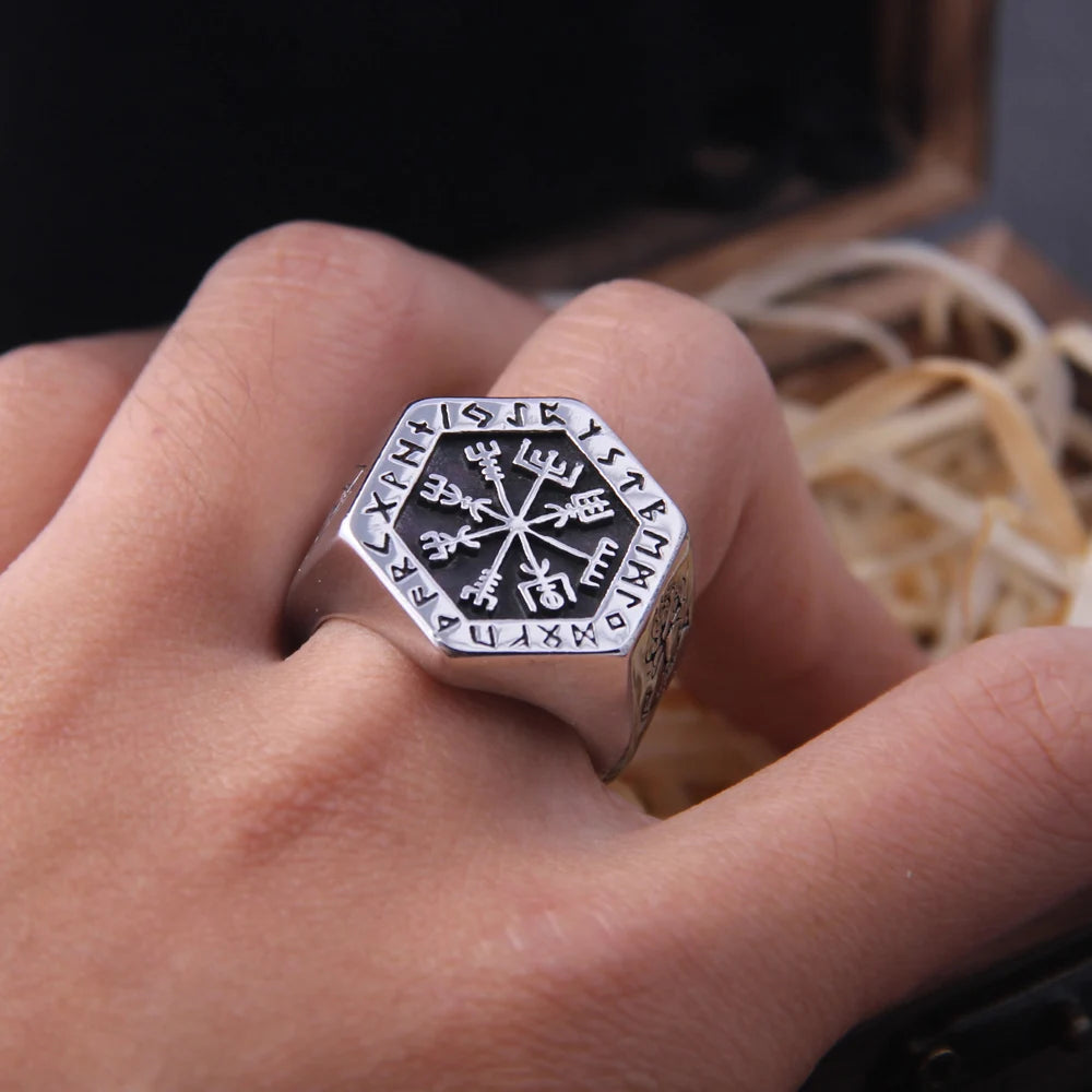 Stainless Steel Viking Compass Runic Nordic Ring