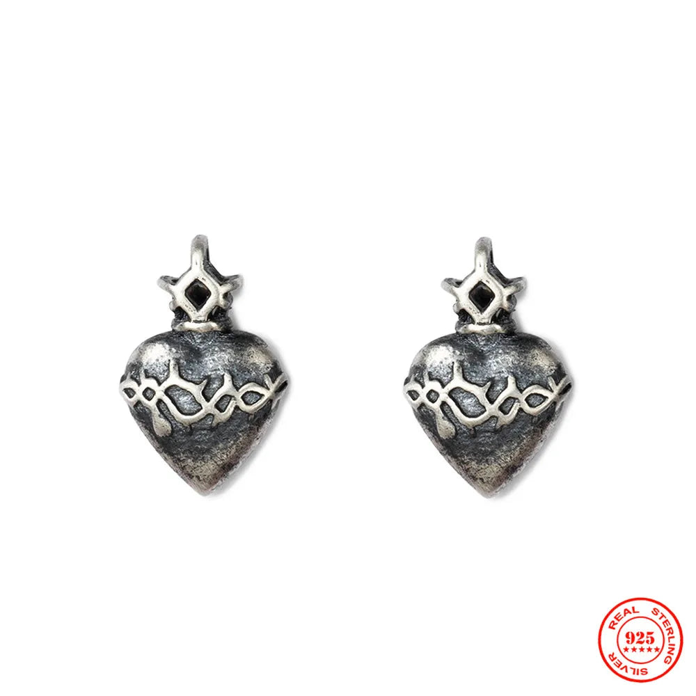 MKENDN 925 Sterling Silver Heart of Thorns Stud Earrings Men Women Personality Minimalist Sacred Heart Ear Jewelry Gothic Style