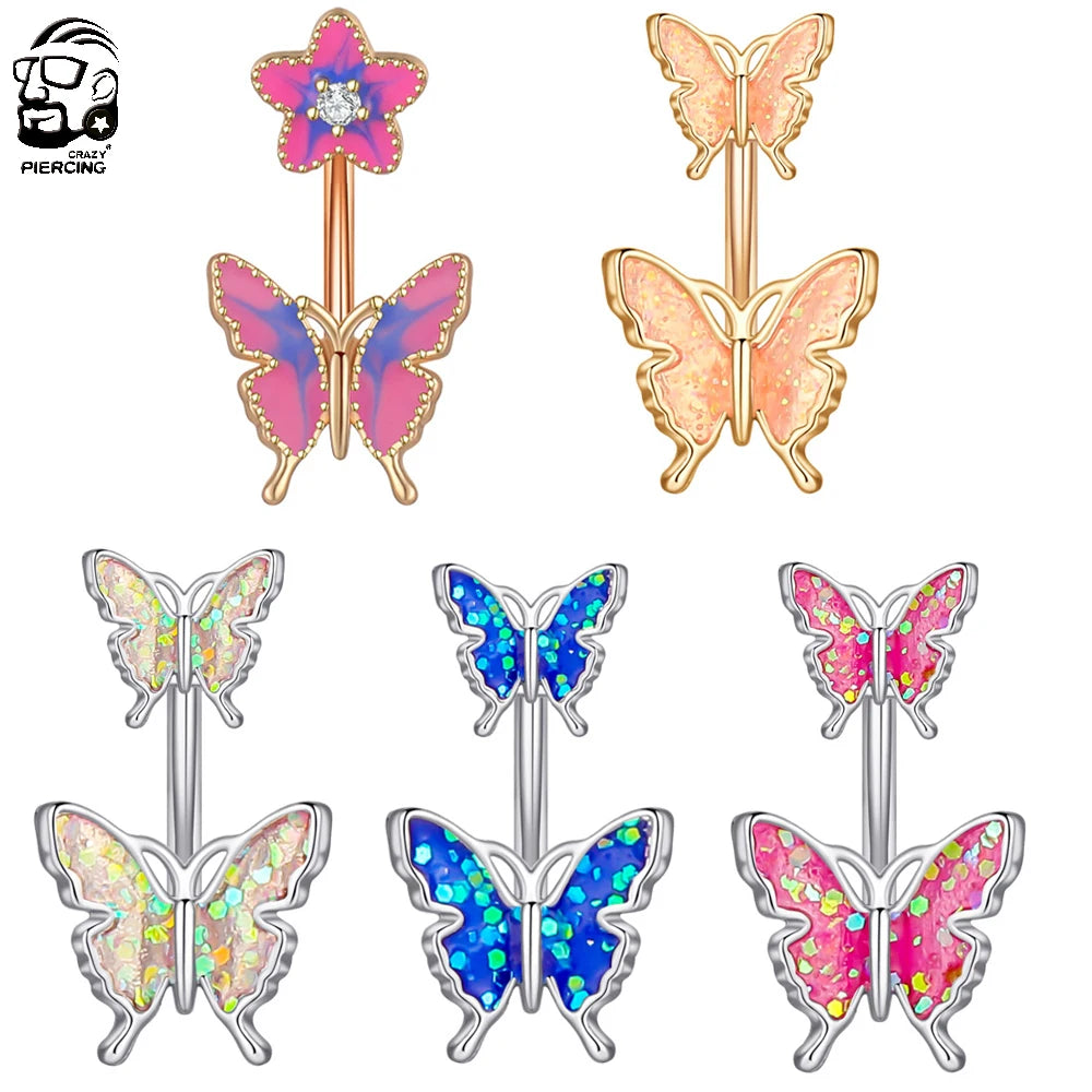 Stainless Steel Navel Piercing Blue Pink Dance Belly Rings Body Piercing Jewelry 14G Butterfly Belly Button Ring for Women Girls