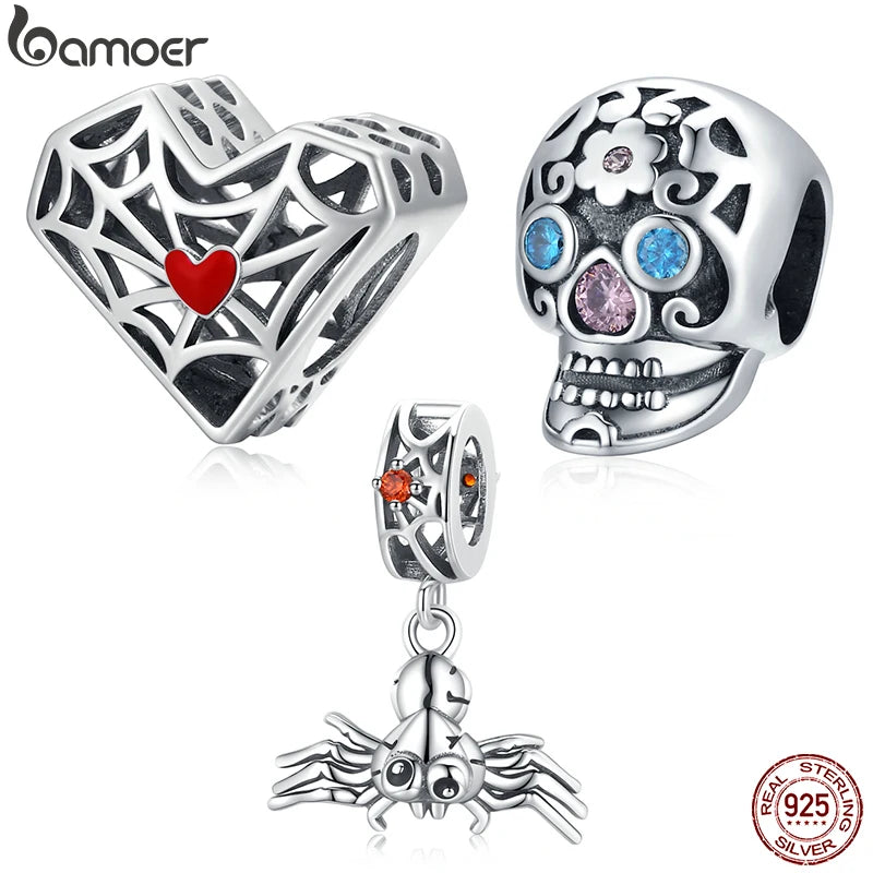 bamoer 925 Sterling Silver Halloween Hollow skull Charm Blue Zircon Cobweb Heart Charm Funny Spider Pendant for Bracelet DIY