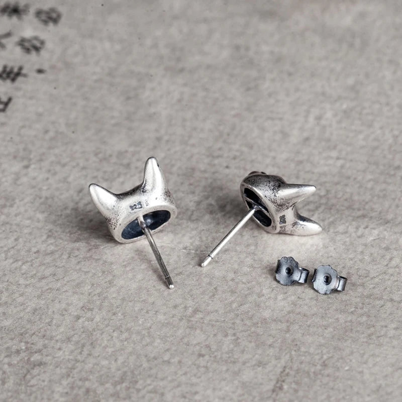 MKENDN 100% 925 Sterling Silver Creative Retro Women Cat Mask Stud Earring Trendy Street Punk Style Ear Pin Fine Jewelry