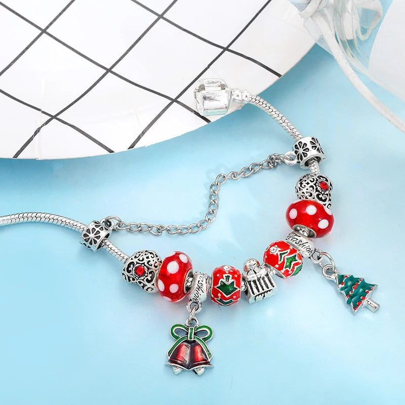 Christmas Tree & Bell Pendant Charm Bracelet Silver Color Bracelet For Women Kids DIY Handmade Xmas Jewelry Gift