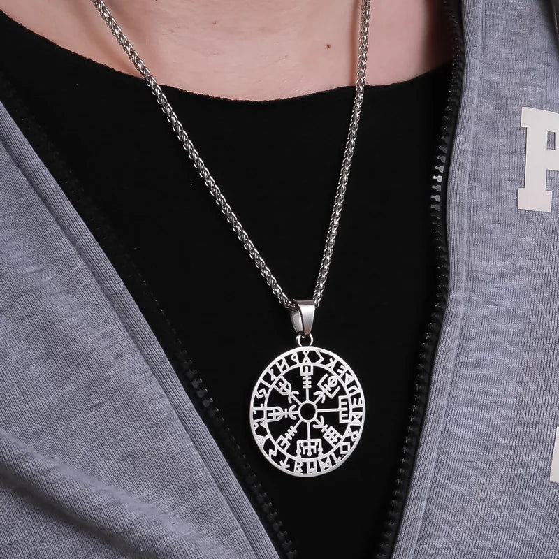 Classic Hollow Design Viking Vegvisir Compass Necklace Pendant 316L Stainless Steel Nordic Runes Pendant Scandinavian Norse Gift