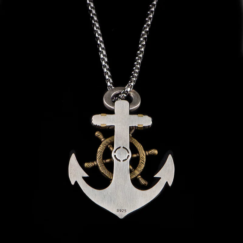 Vintage Nordic Navy Ship Rudder Anchor Pendant Necklace Men\\'s Rock Punk Jewelry