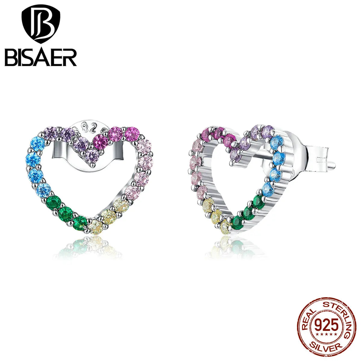 BISAER Pendientes de botón con forma de corazón hueco y arcoíris en plata de ley 925, pequeños pendientes de circonitas de colores para mujer, joyería de lujo ECE891