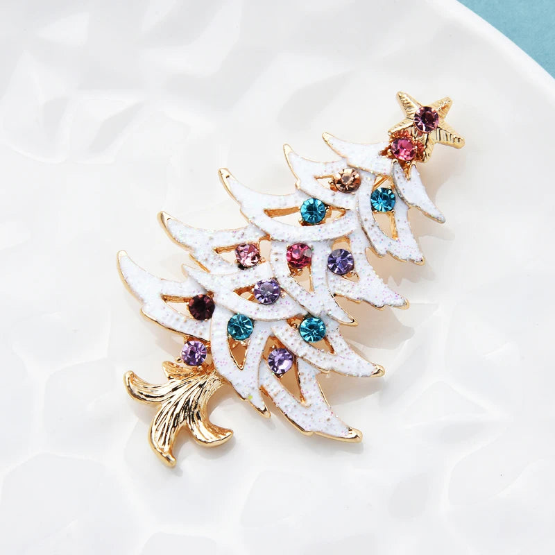 Wuli&baby White Enamel Christmas Tree Brooches For Women Men Multicolor Rhinestone Tree New Year Brooch Pin Jewelry Gifts