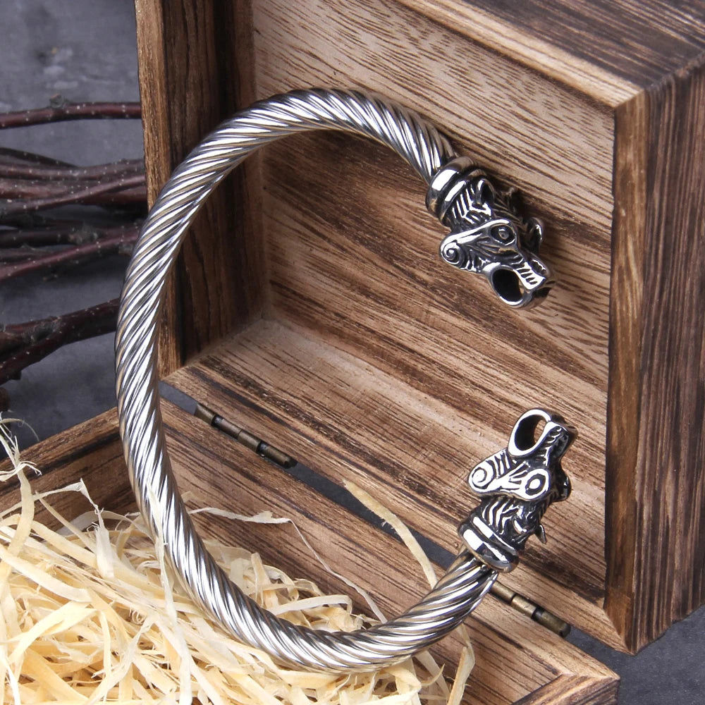 Bracelet en acier inoxydable avec ours nordique Viking réglable pour homme avec boîte en bois Viking