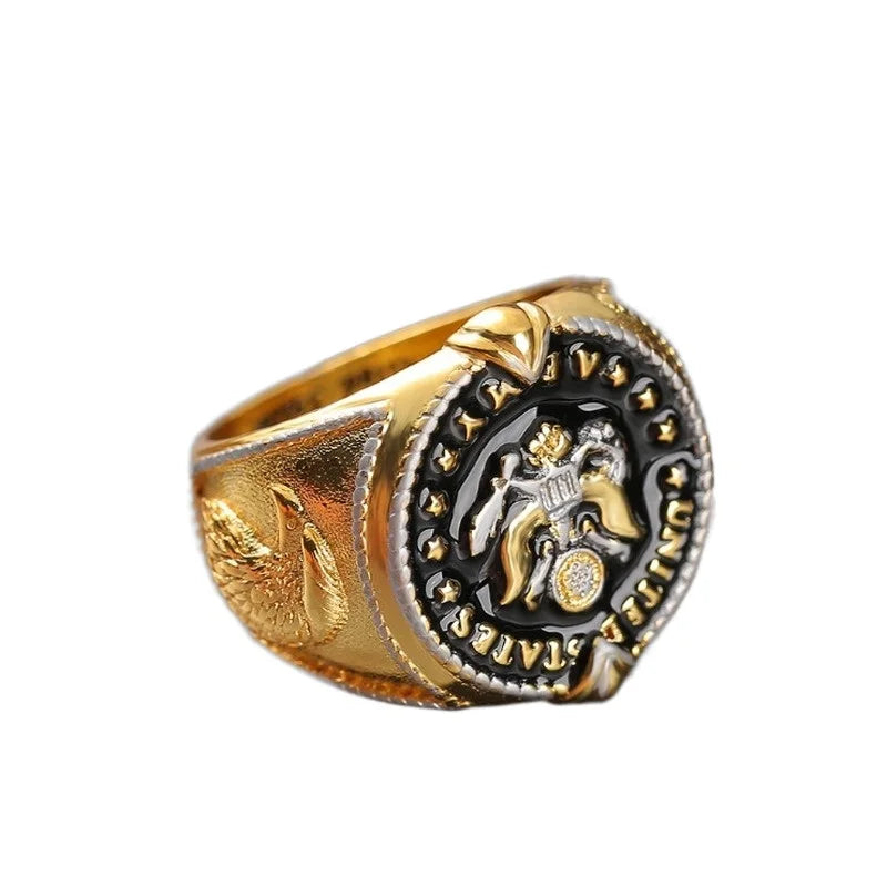 2024 Trend US Federal Army Badge This We'll Defend Two-Tone Men's Ring Cool Stuff Male Ring Gothic Accessories Mens Jewelry