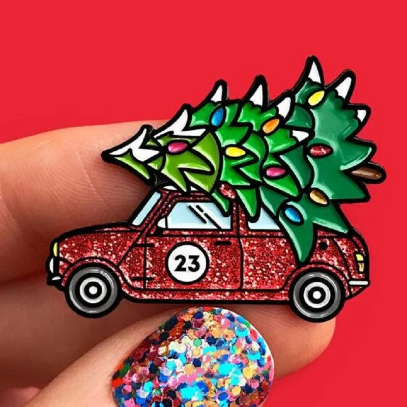 Christma Coffee Cup Car Tree Enamel Pin Hot Time Brooch Denim Jeans shirt bag Christmas Red Green Jewelry Gift for Friends Kids